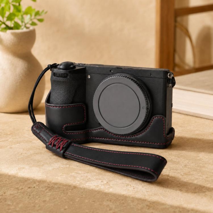 For Sony A6700 / ILCE-6700 PU Leather Half Case Vintage Camera Grip Protective Cover With Hand Wrist Strap