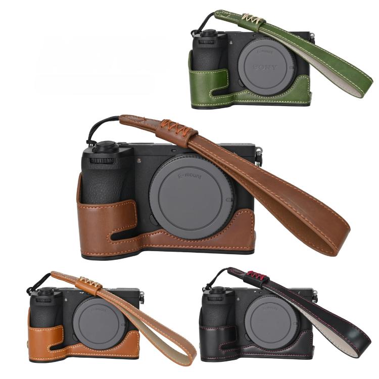 For Sony A6700 / ILCE-6700 PU Leather Half Case Vintage Camera Grip Protective Cover With Hand Wrist Strap