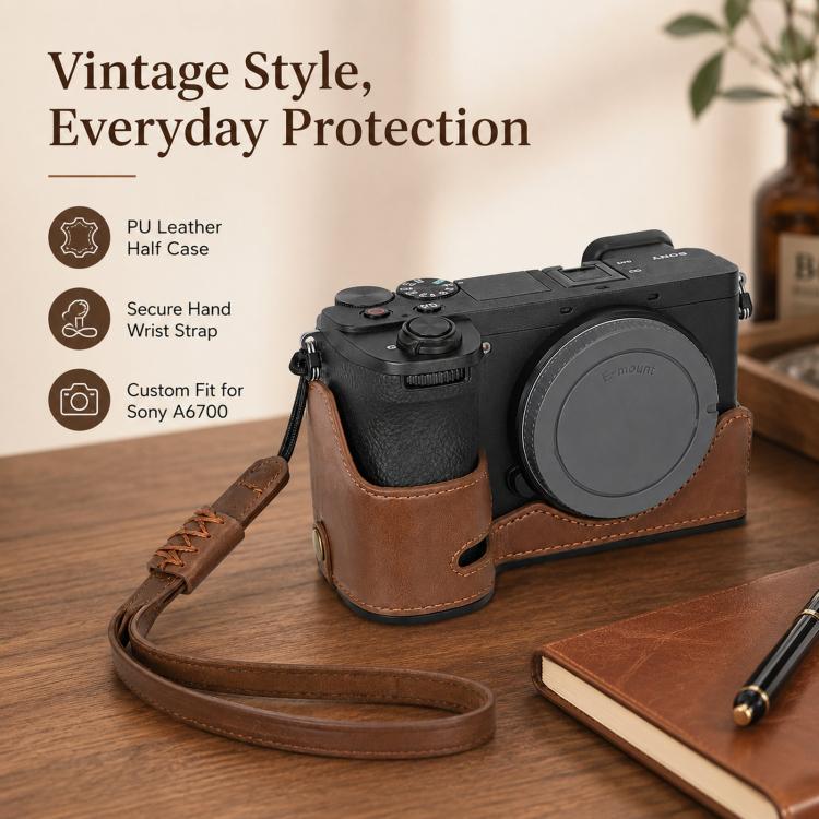 For Sony A6700 / ILCE-6700 PU Leather Half Case Vintage Camera Grip Protective Cover With Hand Wrist Strap