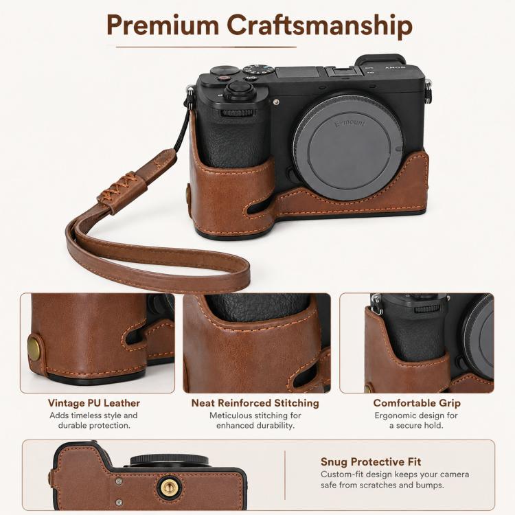 For Sony A6700 / ILCE-6700 PU Leather Half Case Vintage Camera Grip Protective Cover With Hand Wrist Strap