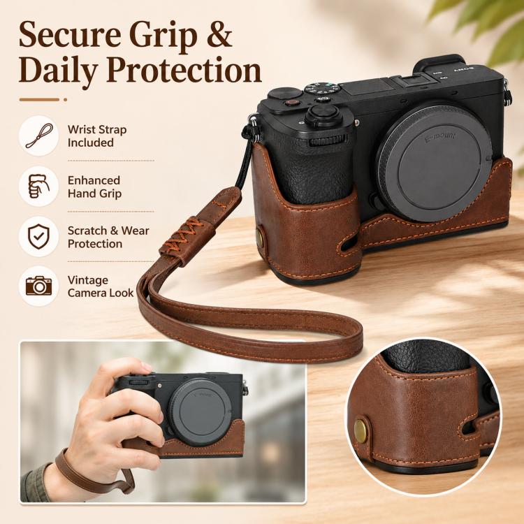 For Sony A6700 / ILCE-6700 PU Leather Half Case Vintage Camera Grip Protective Cover With Hand Wrist Strap