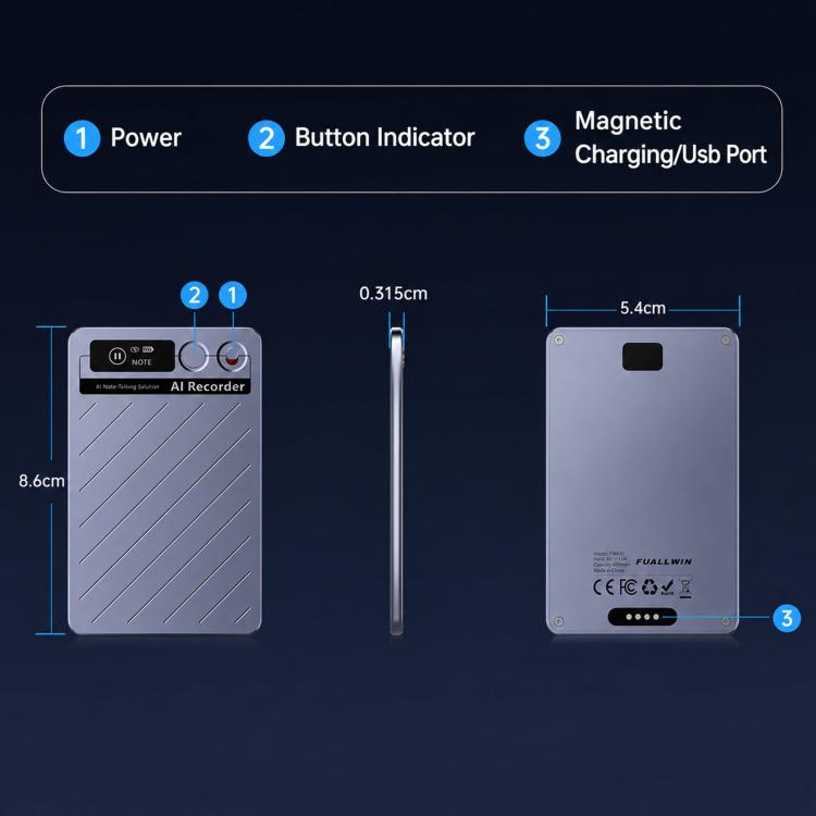 FW920E Portable Magnetic AI Smart Voice Recorder, Translation & Transcription Card?Shaped Audio Recorder, 64GB