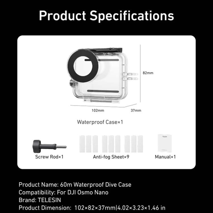 TELESIN 60m Waterproof Case for DJI Osmo Nano IPX8 Under-Water Dive Housing Anti-Fog Action Camera Protection Cover