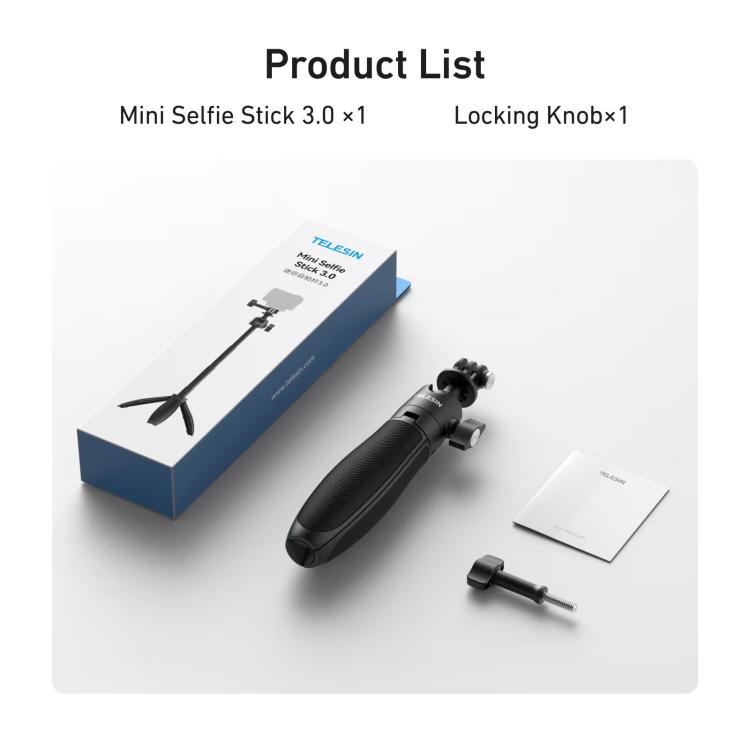 TELESIN Mini Selfie Stick Tripod 3.0 for Action Camera 18-46cm Extendable Aluminum Pole with 360-degree Ball Head, S1-MNP-16
