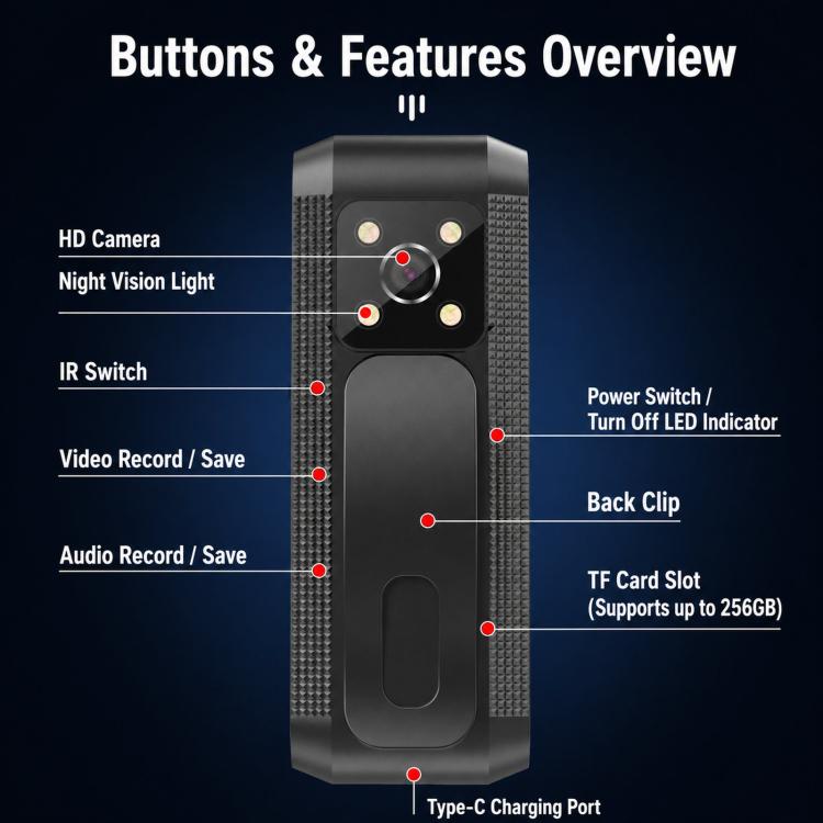 1080P Wearable Body Camera Mini Voice & Video Recorder With Smart IR Night Vision & Clip, C1