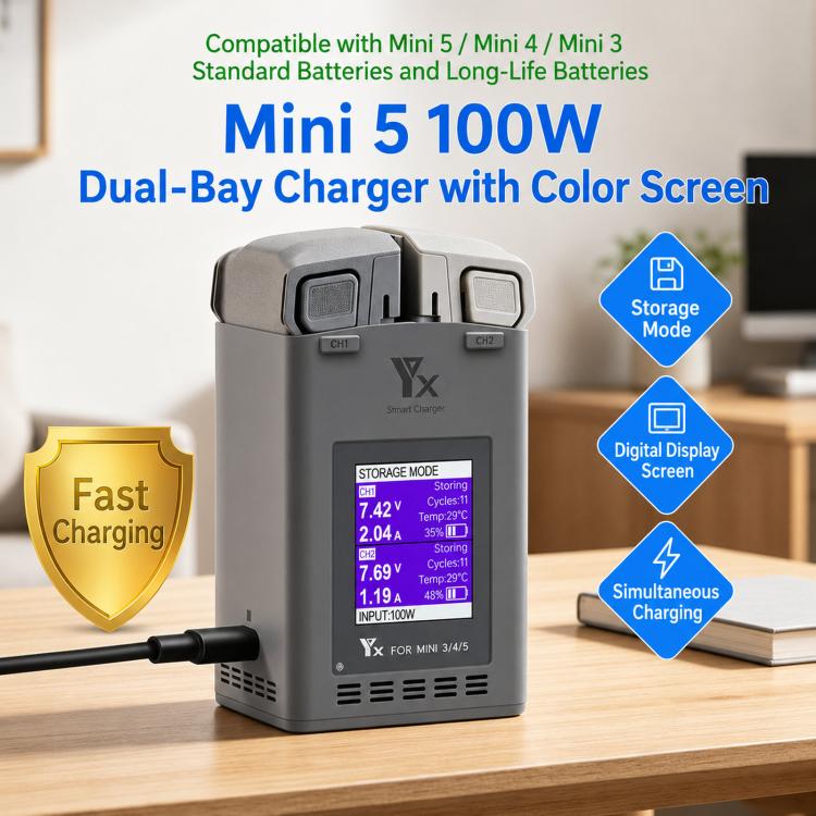YX 100W Dual Charger with Color LCD Screen for DJI Mini 5/4/3 Pro Smart Flight Battery Charging Hub, Mini Color Two-Way 100W