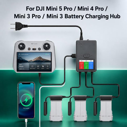 YX 3-Way Smart Charger with LCD Display For DJI Mini 5 Pro / Mini 4 Pro / Mini 3 Pro / Mini 3 Multi Battery Charging Hub, US Plug, EU Plug, UK Plug, AU Plug