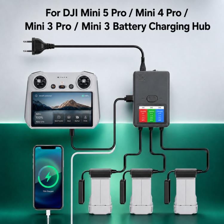 YX 3-Way Smart Charger with LCD Display For DJI Mini 5 Pro / Mini 4 Pro / Mini 3 Pro / Mini 3 Multi Battery Charging Hub, US Plug, EU Plug, UK Plug, AU Plug