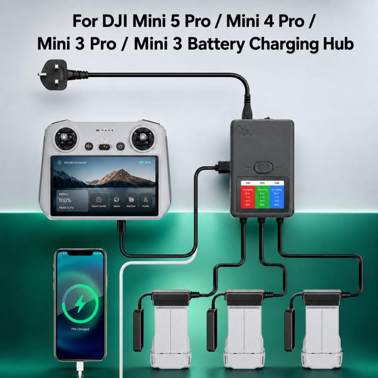 YX 3-Way Smart Charger with LCD Display For DJI Mini 5 Pro / Mini 4 Pro / Mini 3 Pro / Mini 3 Multi Battery Charging Hub, US Plug, EU Plug, UK Plug, AU Plug