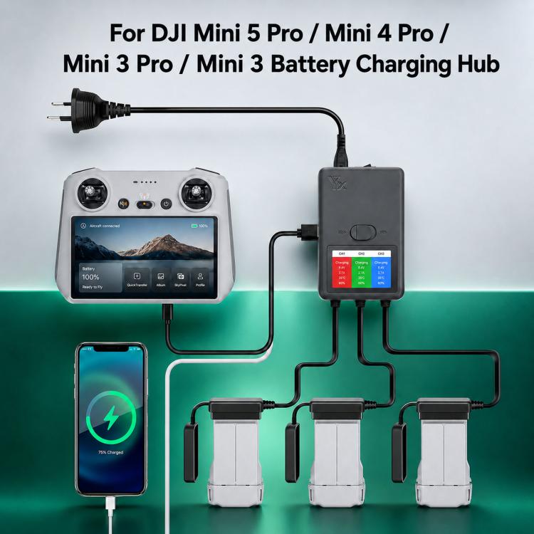 YX 3-Way Smart Charger with LCD Display For DJI Mini 5 Pro / Mini 4 Pro / Mini 3 Pro / Mini 3 Multi Battery Charging Hub, US Plug, EU Plug, UK Plug, AU Plug