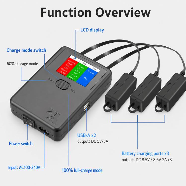YX 3-Way Smart Charger with LCD Display For DJI Mini 5 Pro / Mini 4 Pro / Mini 3 Pro / Mini 3 Multi Battery Charging Hub, US Plug, EU Plug, UK Plug, AU Plug