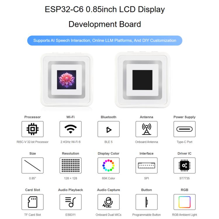Waveshare ESP32-C6 0.85inch LCD Display Development Board, RISC-V Single-Core Processor, 128 × 128 Resolution, Supports AI Speech Interaction, 34519