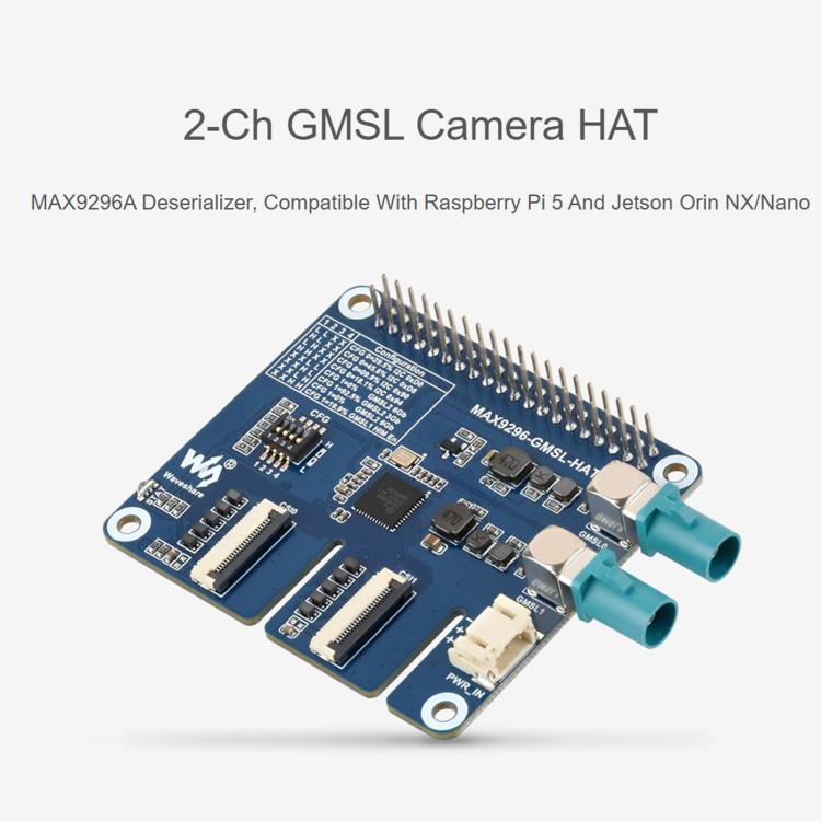Waveshare 2-Ch GMSL Camera HAT With MAX9296A Deserializer Compatible With Raspberry Pi 5 And Jetson Orin NX/Nano, 34504