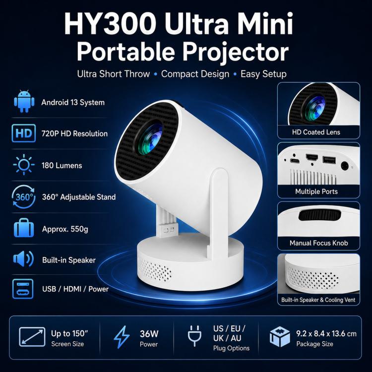 HY300 Ultra Mini Portable Short-Throw Home Projector Android 13 HD Projector, US Plug, EU Plug, UK Plug, AU Plug