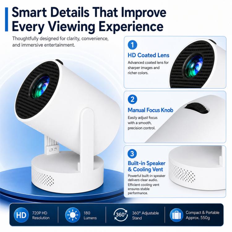 HY300 Ultra Mini Portable Short-Throw Home Projector Android 13 HD Projector, US Plug, EU Plug, UK Plug, AU Plug
