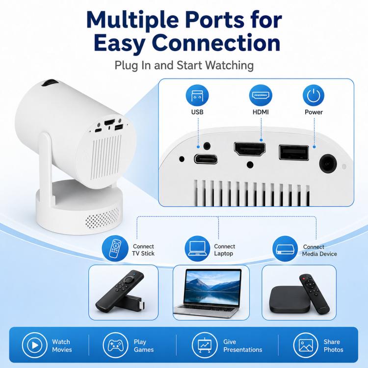 HY300 Ultra Mini Portable Short-Throw Home Projector Android 13 HD Projector, US Plug, EU Plug, UK Plug, AU Plug