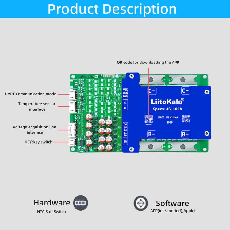 LiitoKala 4-channel Lithium Iron Phosphate Same-port Protection Board with Balanced Temperature Control Bluetooth BMS Support, 4S-12V 100A
