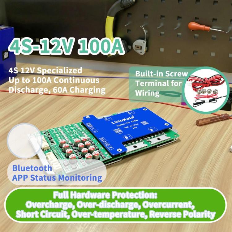 LiitoKala 4-channel Lithium Iron Phosphate Same-port Protection Board with Balanced Temperature Control Bluetooth BMS Support, 4S-12V 100A