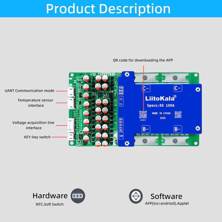LiitoKala Lithium Iron Phosphate Bluetooth BMS Lithium Battery Protection Board, 8S-24V 100A