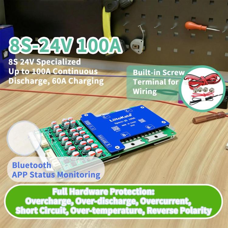 LiitoKala Lithium Iron Phosphate Bluetooth BMS Lithium Battery Protection Board, 8S-24V 100A