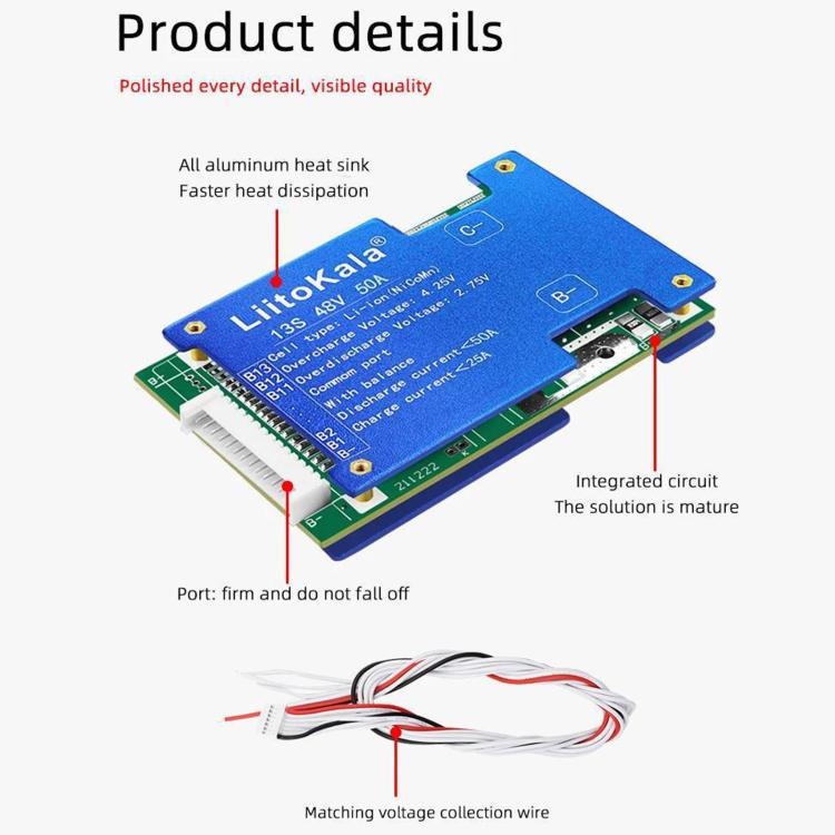 LiitoKala BMS 13-cell Lithium Battery Protection Board, 13S-48V 50A