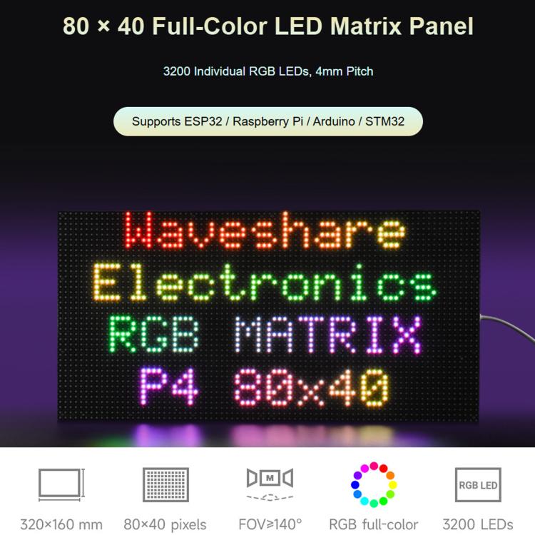 Waveshare 34431 RGB Full-color LED Matrix Panel, 4mm Pitch, 80×40 Pixels, Adjustable Brightness, 34431