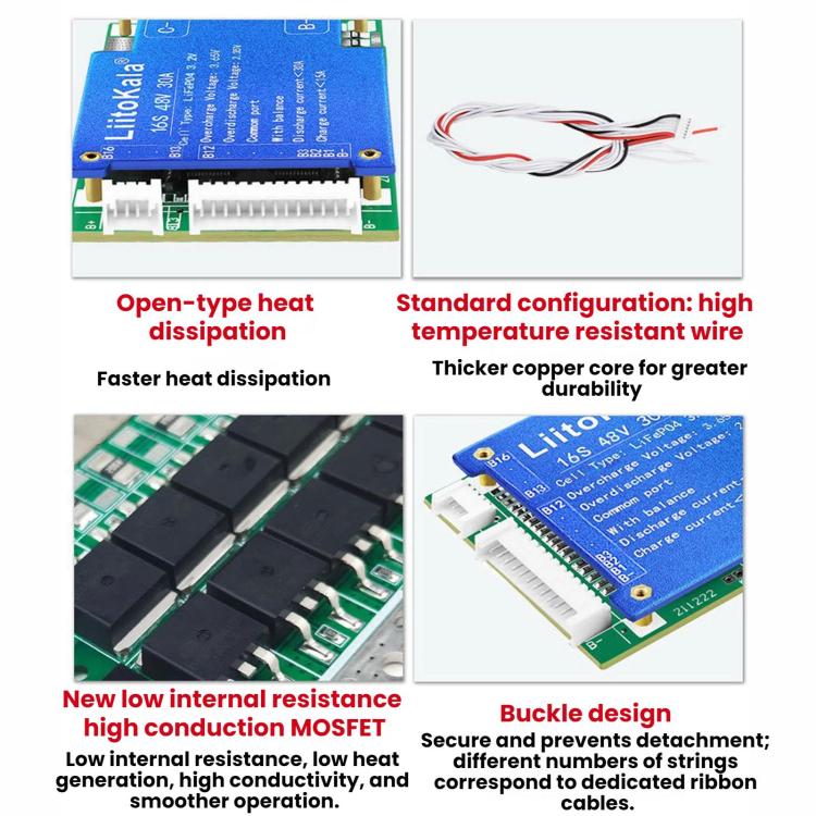 LiitoKala BMS Lithium Iron Phosphate Same-Port Balancing Battery Protection Board, 16S-48V 30A