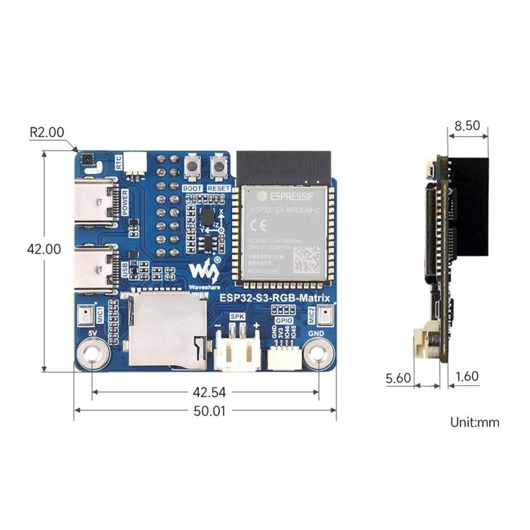 Waveshare ESP32-S3 RGB Matrix Driver Board Onboard Dual Microphones Array, Supports 2.4 GHz Wi-Fi And Bluetooth 5, ESP32-S3 RGB Matrix