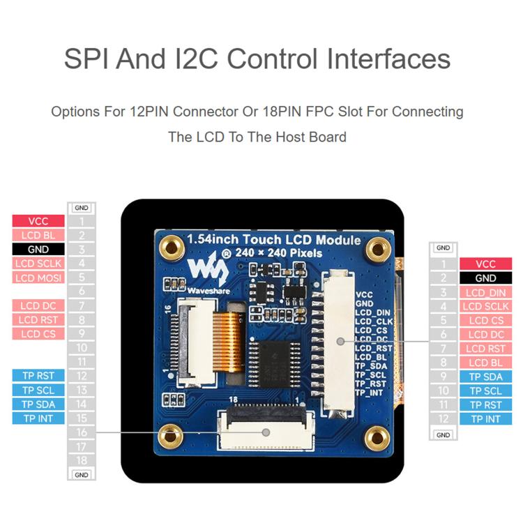 Waveshare 1.54inch Touch LCD Display Module 240×240 Resolution, IPS Panel, SPI And I2C Communication Interfaces, 34370
