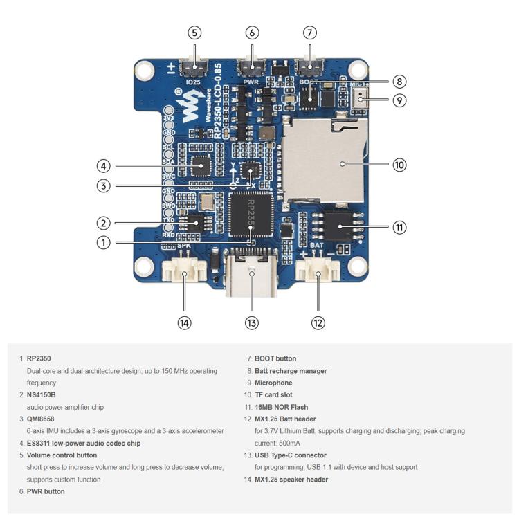 Waveshare 34441 RP2350 0.85inch LCD Display Development Board 128 × 128 Resolution, 65K Color, IPS Display Panel No Battery, 34441