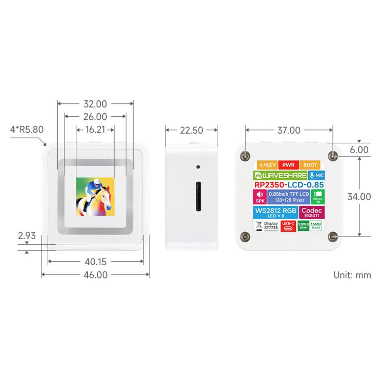 Waveshare 34441 RP2350 0.85inch LCD Display Development Board 128 × 128 Resolution, 65K Color, IPS Display Panel No Battery, 34441