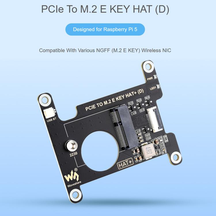 Waveshare 33828 PCIe To M.2 E KEY HAT For Raspberry Pi 5 Compatible With Various NGFF Wireless NIC Supports USB Bluetooth Connection, 33828