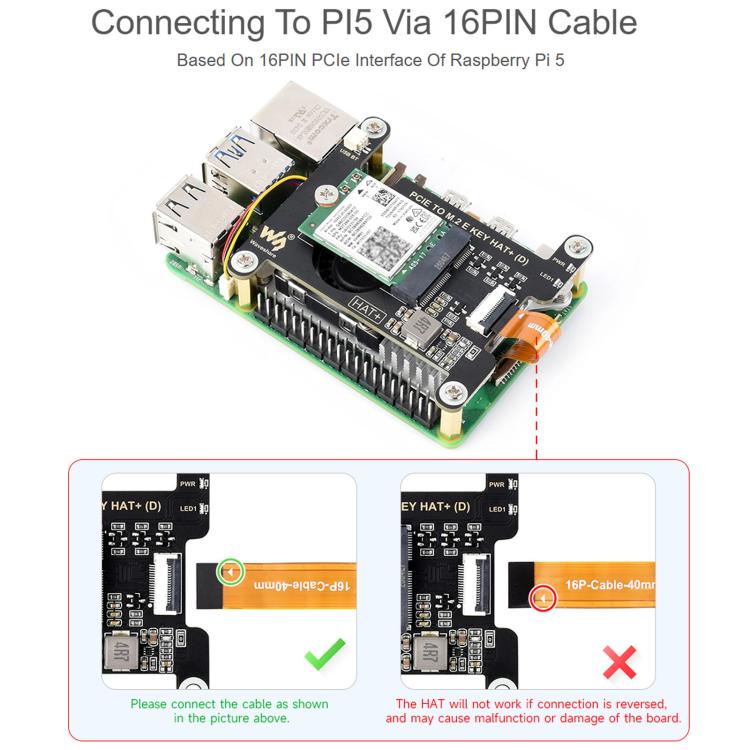 Waveshare 33828 PCIe To M.2 E KEY HAT For Raspberry Pi 5 Compatible With Various NGFF Wireless NIC Supports USB Bluetooth Connection, 33828