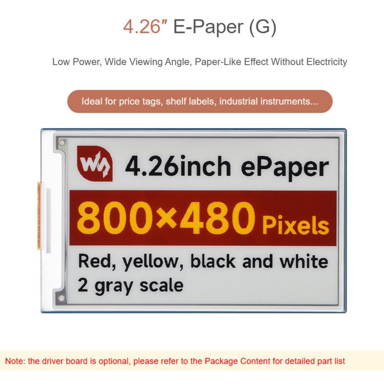 Waveshare 4.26inch E-Paper Display 800 × 480 Resolution Red/Yellow/Black/White, The Raw Display Only, With Driver Board