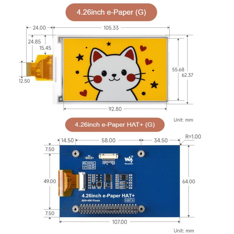 Waveshare 4.26inch E-Paper Display 800 × 480 Resolution Red/Yellow/Black/White, The Raw Display Only, With Driver Board
