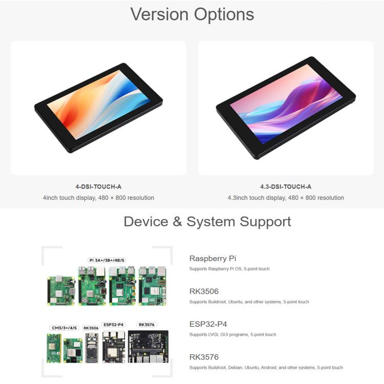 DSI Capacitive Touch Display 480 × 800 Resolution, IPS Display Panel, Waveshare 4inch, Waveshare 4.3inch