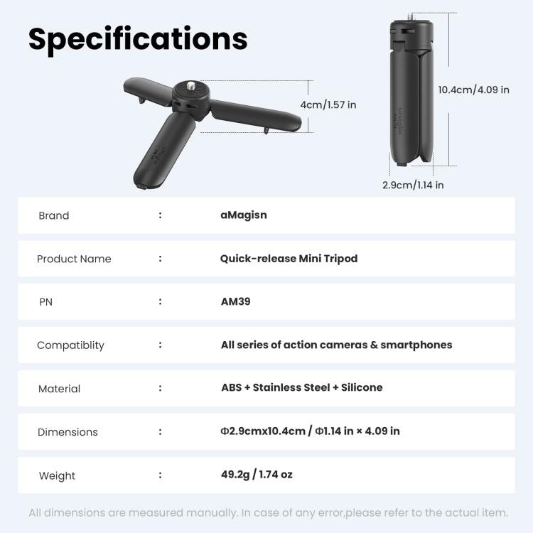 aMagisn One-Touch Open Mini Tripod 2-in-1 Pocket Handheld Grip with 1/4-inch Screw For Most Action Cameras