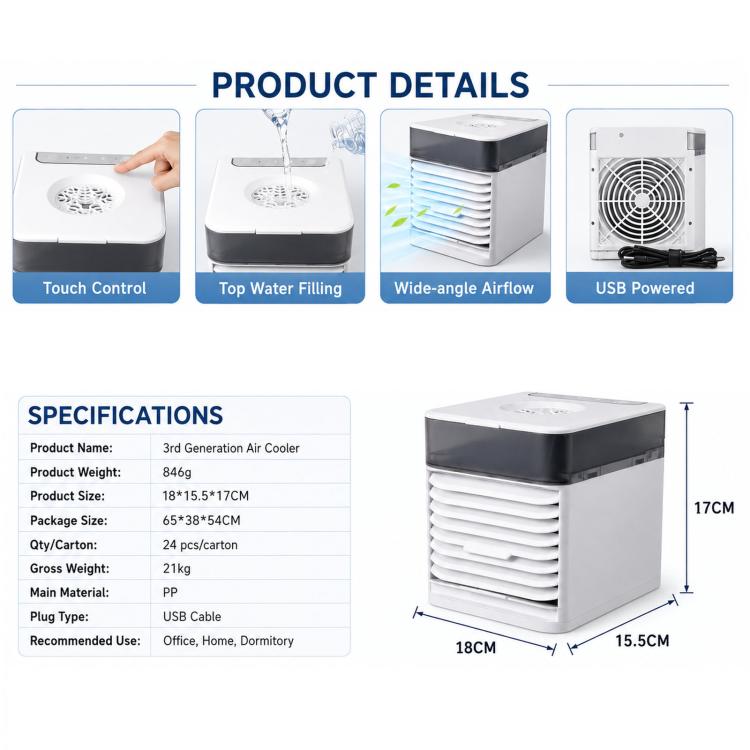 Mini USB Air Cooler Desktop Portable Cooling Fan, 18x15.5x17cm