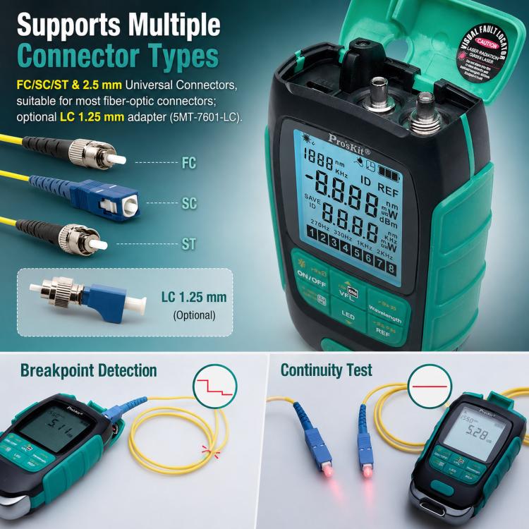 Multifunctional Optical Power Meter 4 In 1 Fiber Optic Tester, Proskit MT-7615-C 15nW, Proskit MT-7616-C 30nW