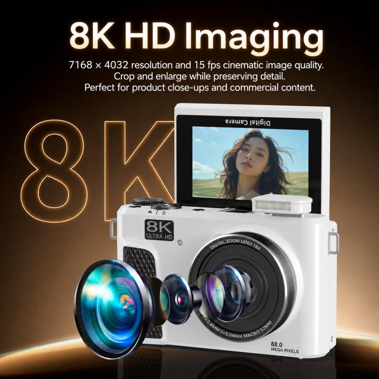 8K Digital Camera With 3.0 Inch IPS Screen 18X Zoom Auto Focus WiFi Micro Camera, White No Memory Card, Black No Memory Card, Pink No Memory Card, White 32GB Memory Card+USB Card Reader, Black 32GB Memory Card+USB Card Reader                           ...