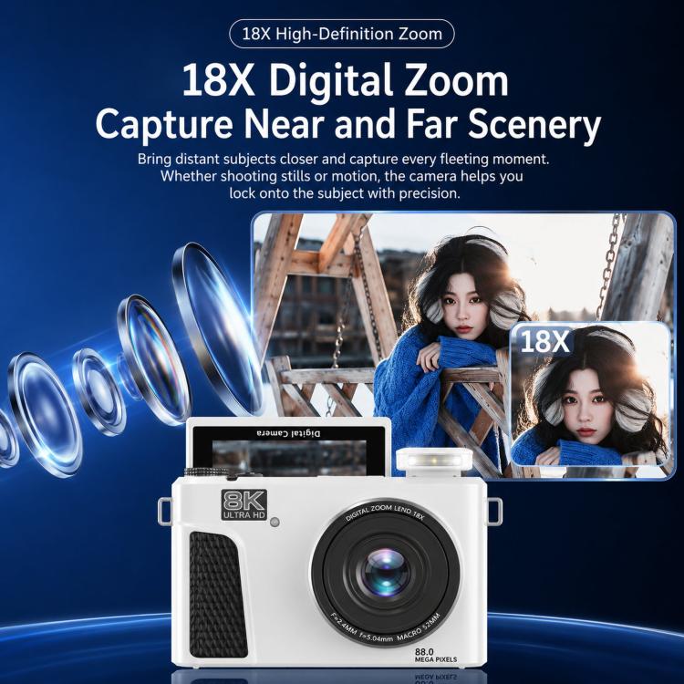 8K Digital Camera With 3.0 Inch IPS Screen 18X Zoom Auto Focus WiFi Micro Camera, White No Memory Card, Black No Memory Card, Pink No Memory Card, White 32GB Memory Card+USB Card Reader, Black 32GB Memory Card+USB Card Reader                           ...