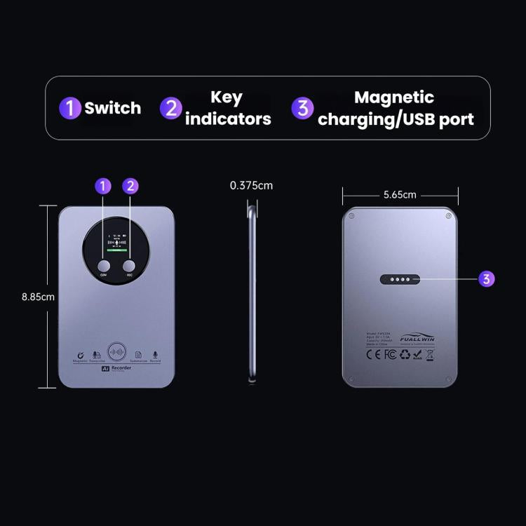 FW922H AI Smart Card Voice Recorder For Office Meetings 152 Languages Recognition Magnetic Suction Audio Recorder, FW922H