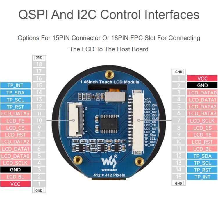 Waveshare 1.46inch Touch LCD Display Module 412 × 412 Resolution, 16.7M Color, QSPI And I2C Communication Interfaces, 34955
