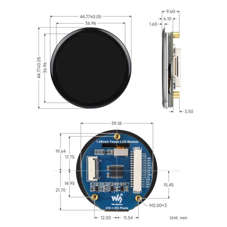 Waveshare 1.46inch Touch LCD Display Module 412 × 412 Resolution, 16.7M Color, QSPI And I2C Communication Interfaces, 34955