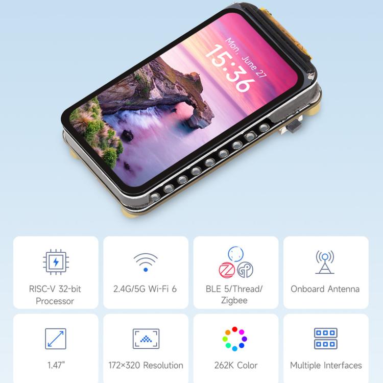 Waveshare ESP32-C5 1.47inch 262K Color LCD Display Development Board Supports Wi-Fi 6 And Bluetooth 5, Without Headers, With Pre-soldered Headers