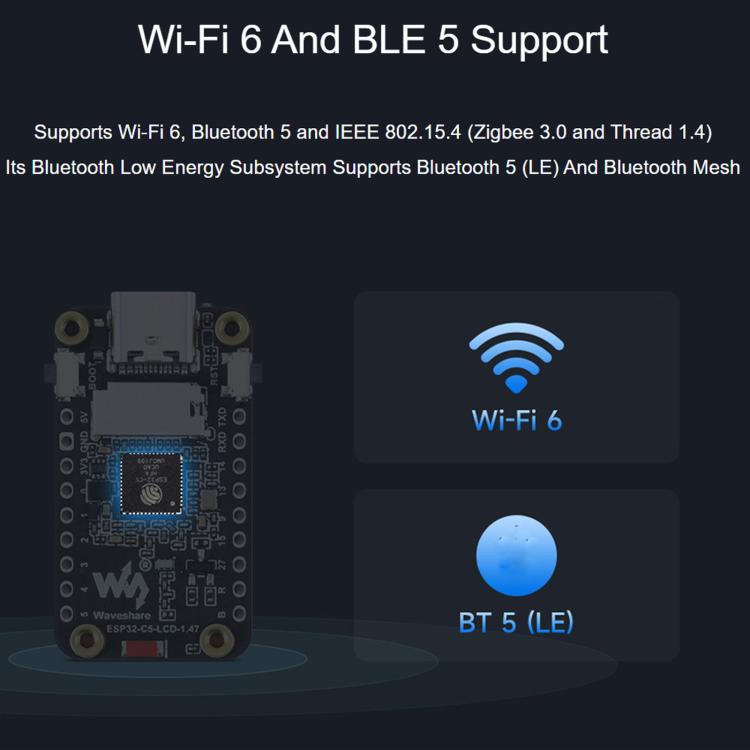 Waveshare ESP32-C5 1.47inch 262K Color LCD Display Development Board Supports Wi-Fi 6 And Bluetooth 5, Without Headers, With Pre-soldered Headers