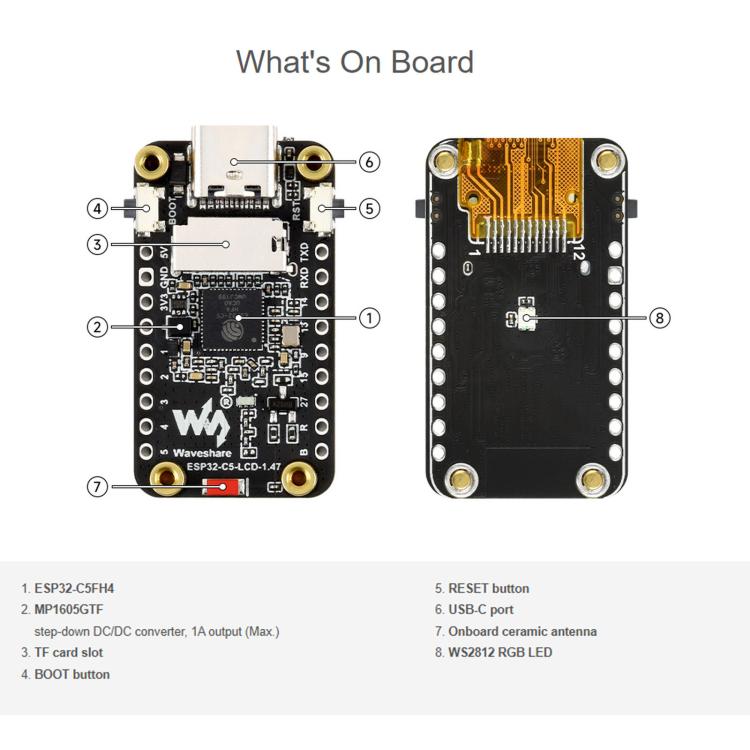 Waveshare ESP32-C5 1.47inch 262K Color LCD Display Development Board Supports Wi-Fi 6 And Bluetooth 5, Without Headers, With Pre-soldered Headers