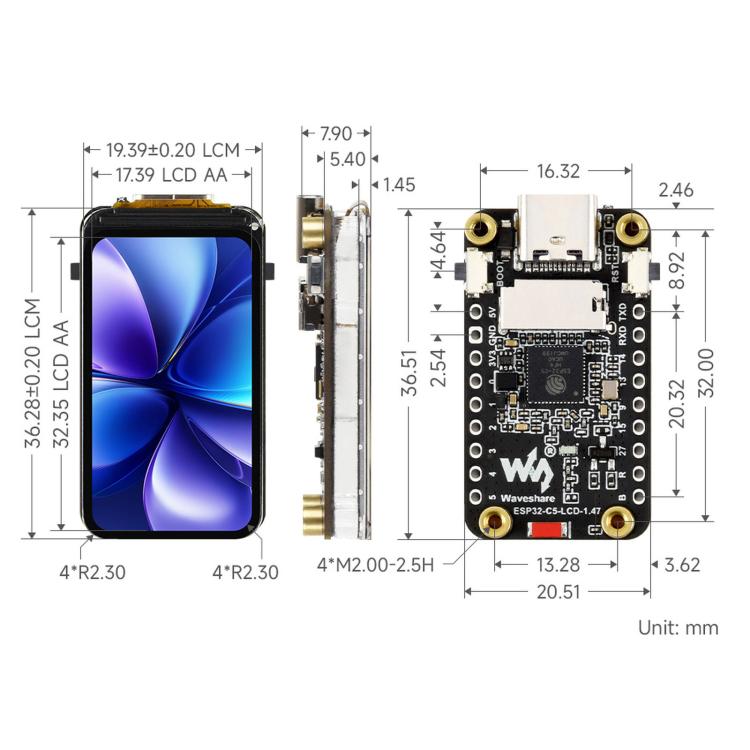 Waveshare ESP32-C5 1.47inch 262K Color LCD Display Development Board Supports Wi-Fi 6 And Bluetooth 5, Without Headers, With Pre-soldered Headers