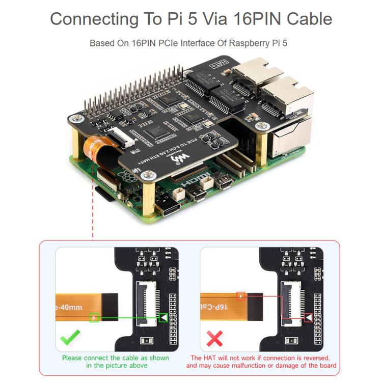 Waveshare PCIe TO 2-CH 2.5G ETH Adapter For Raspberry Pi 5 With Dual RTL8125 Chips, 34932