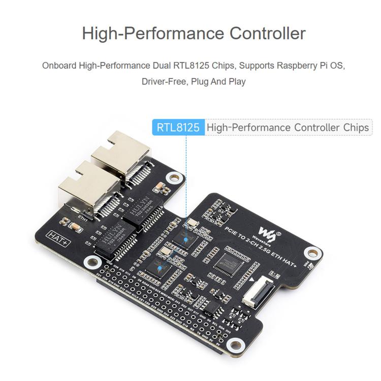 Waveshare PCIe TO 2-CH 2.5G ETH Adapter For Raspberry Pi 5 With Dual RTL8125 Chips, 34932